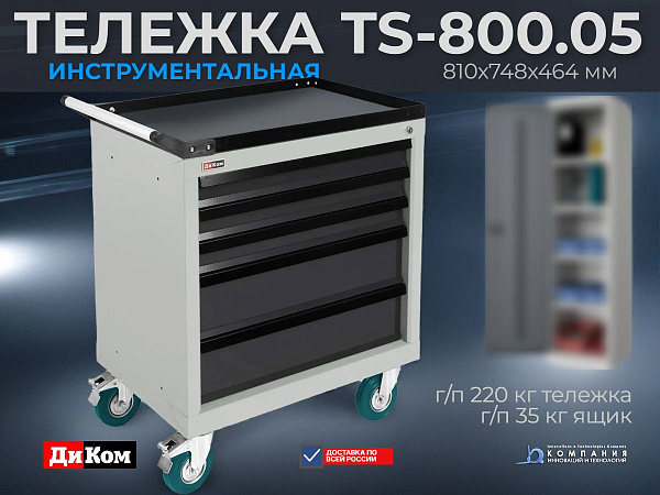 Передвижная тумба с ящиками TS-800.05 | Для автосервиса, нагрузка 220 кг, 3+2 ящика