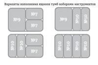 Семь ящиков (5 малых + 2 больших) с размерами 55/130×570×400 мм и центральным замком.
