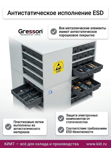 GRESSON СМС-16 ESD — антистатическая система хранения для электроники | 16 сегментов-кассетниц, 192 лотка, 500 кг нагрузка, RAL-7035 / RAL-7012