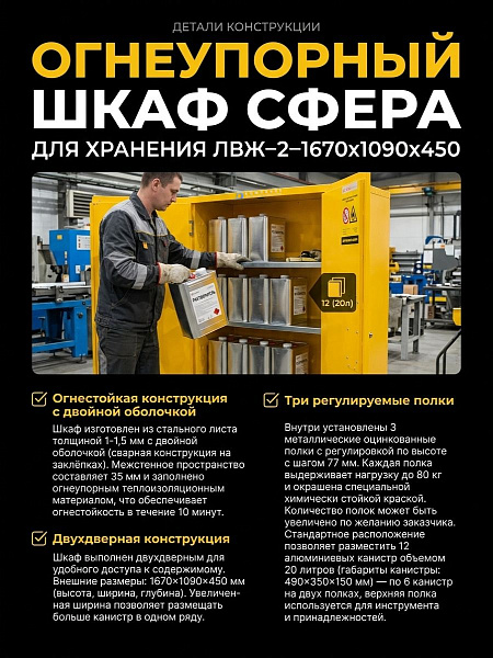 Купить шкаф Сфера для хранения ЛВЖ с 3 полками | Вместимость 12 канистр по 20 л, поддон, замок с ключом - КИИТ