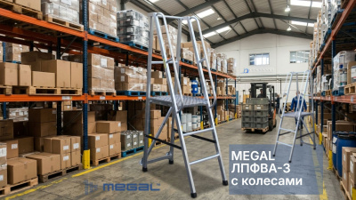 Лестница-платформа MEGAL ЛПФВА Н=1,5-3 | 1,5 м, колеса, 120 кг, складная. Изображение №4