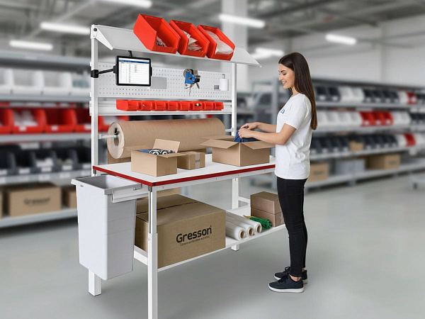 Купить упаковочный стол GRESSON КСУ-1200 | Базовый комплект: нижняя полка, ДРВ, планка для лотков, перфопанель - КИИТ