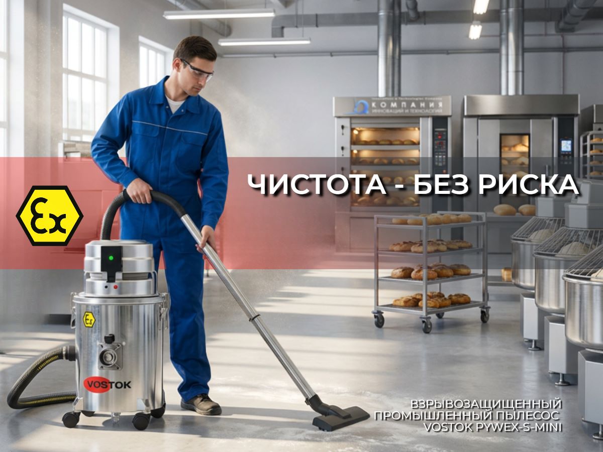  АО «Компания инноваций и технологий» (КИИТ) поставила взрывозащищенный промышленный пылесос VOSTOK PYWEX-S-MINI для Булочно-кондитерского Холдинга «Коломенский». ATEX Зона 22, нержавеющая сталь, HEPA-фильтр. Доставка в Москве и по всей России. АО «Компания инноваций и технологий» (КИИТ).