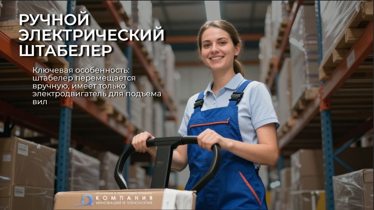 Фото из статьи КИИТ - Ручной электрический штабелер - у такого штабелера нет двигателя для перемещения (хода). Он оснащен только электродвигателем для подъема вил. Перемещение между стеллажами, маневрирование и позиционирование осуществляет оператор, прикладывая физические усилия.