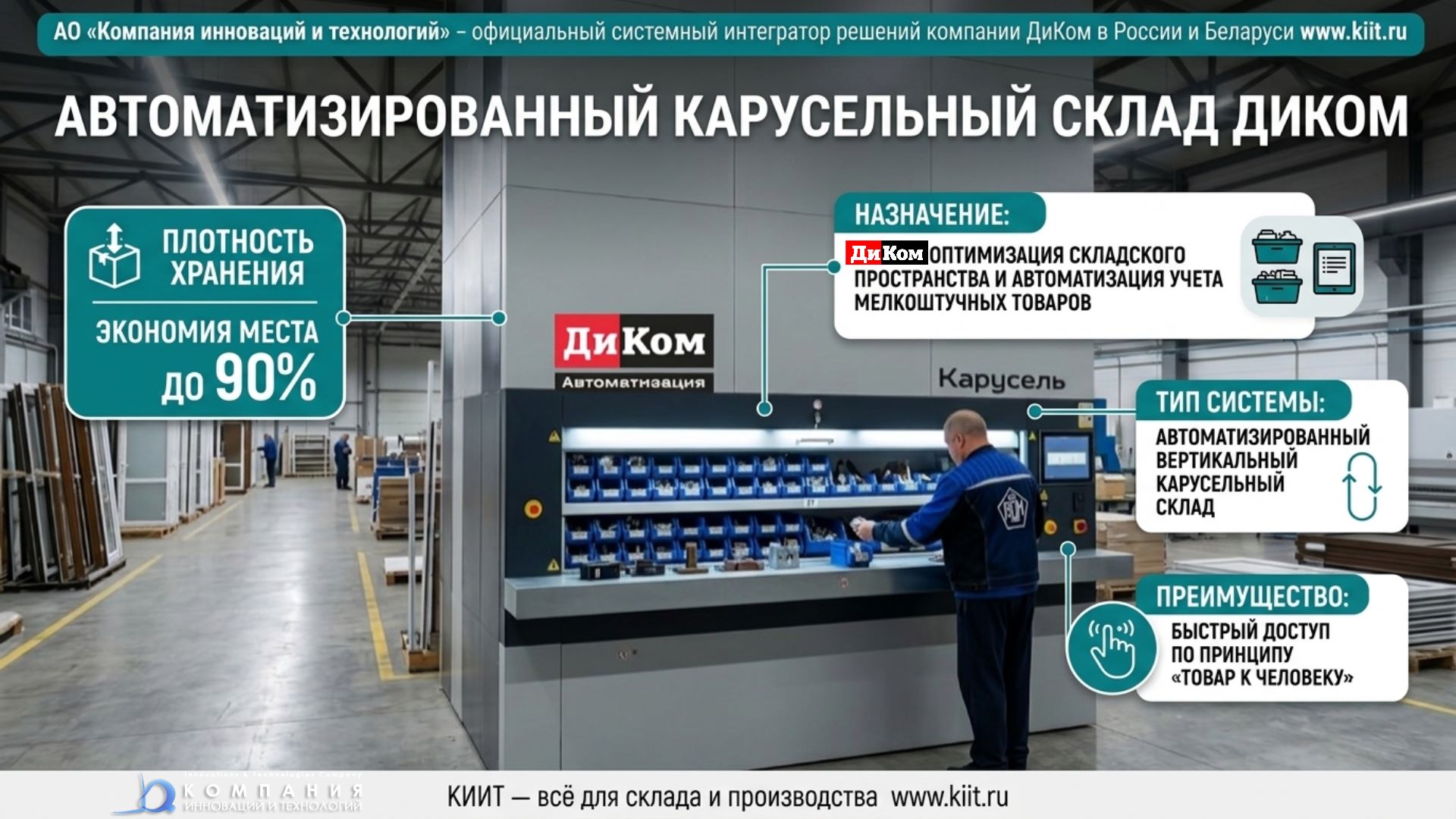 Автоматизированная система хранения «ДиКом-Карусель» заняла минимум площади (пятно застройки всего 5,1 кв. м), но при этом обеспечила максимальное использование высоты помещения.