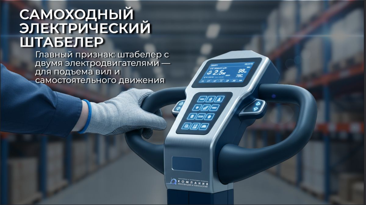 Фото из статьи КИИТ - Самоходный электрический штабелер: будущее складской логистики Этот штабелер оснащен двумя электродвигателями: для подъема вил и для самостоятельного движения. Он имеет аккумуляторную батарею и систему управления.