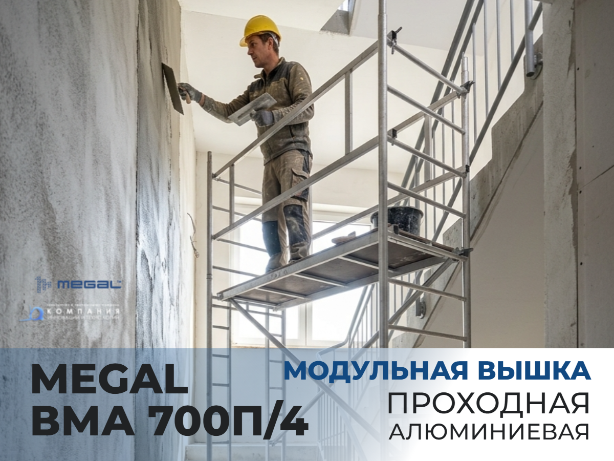 Модульная алюминиевая вышка с проходными рамами MEGAL ВМА 700П/4 — это специализированное оборудование для высотных работ в условиях ограниченного пространства - КИИТ