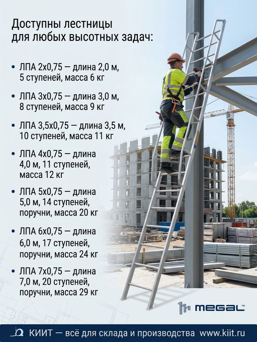 Купить односекционную приставную лестницу MEGAL ЛПА. Длина 2-7 м, грузоподъемность 150 кг, алюминий. Продажа, доставка в Москве и по всей России — КИИТ.